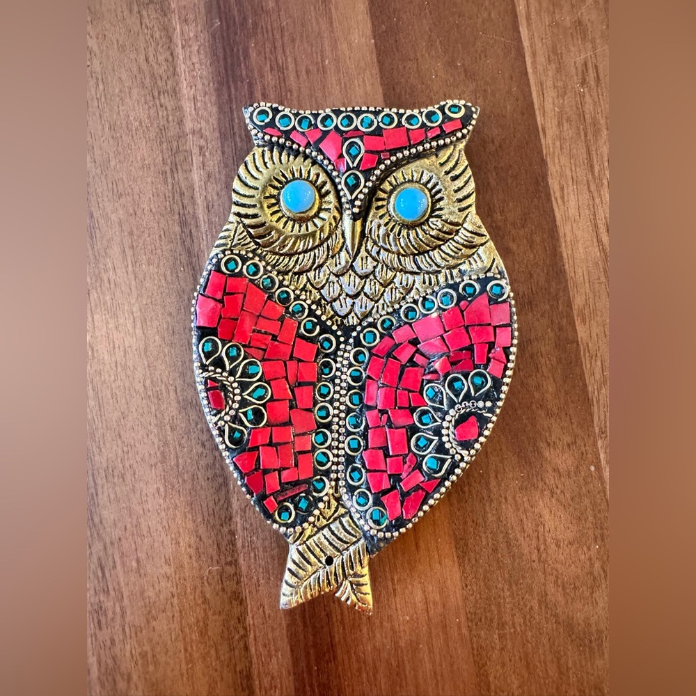 Artisan Nepal Brass Mosaic Owl Incense Holder